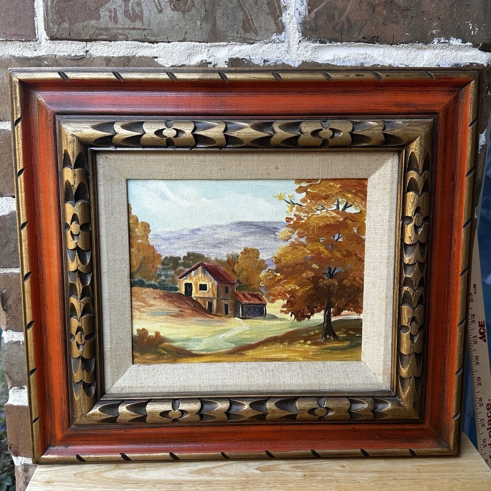 VTG Oil Painting 18x16 Inch Canvas Fall Autumn Homestead Landscape Wood Framed